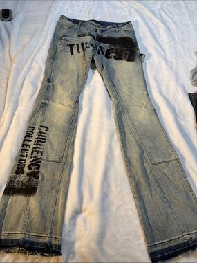 Men's Light Blue Graphic Workwear Jeans - Black Stencil Detail